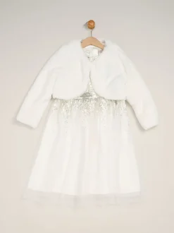 Gelegenheidskleding|Miss - Waterfall Sequin Dress and Faux Fur Bolero Set Wit