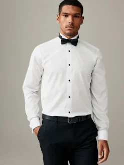 Formele Overhemden*Next Wit - Normale Pasvorm - Textured Double Cuff Long Sleeve Shirt With Wing Collar And Bow Tie Pack