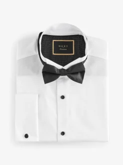 Formele Overhemden*Next Wit - Normale Pasvorm - Textured Double Cuff Long Sleeve Shirt With Wing Collar And Bow Tie Pack