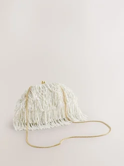 Tassen En Portemonnees|Next Wit - Pearl Effect Embellished Fringe Clutch Bag