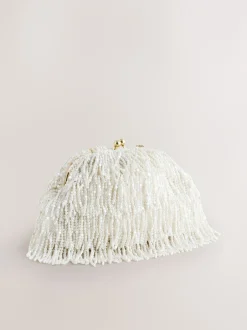 Tassen En Portemonnees|Next Wit - Pearl Effect Embellished Fringe Clutch Bag