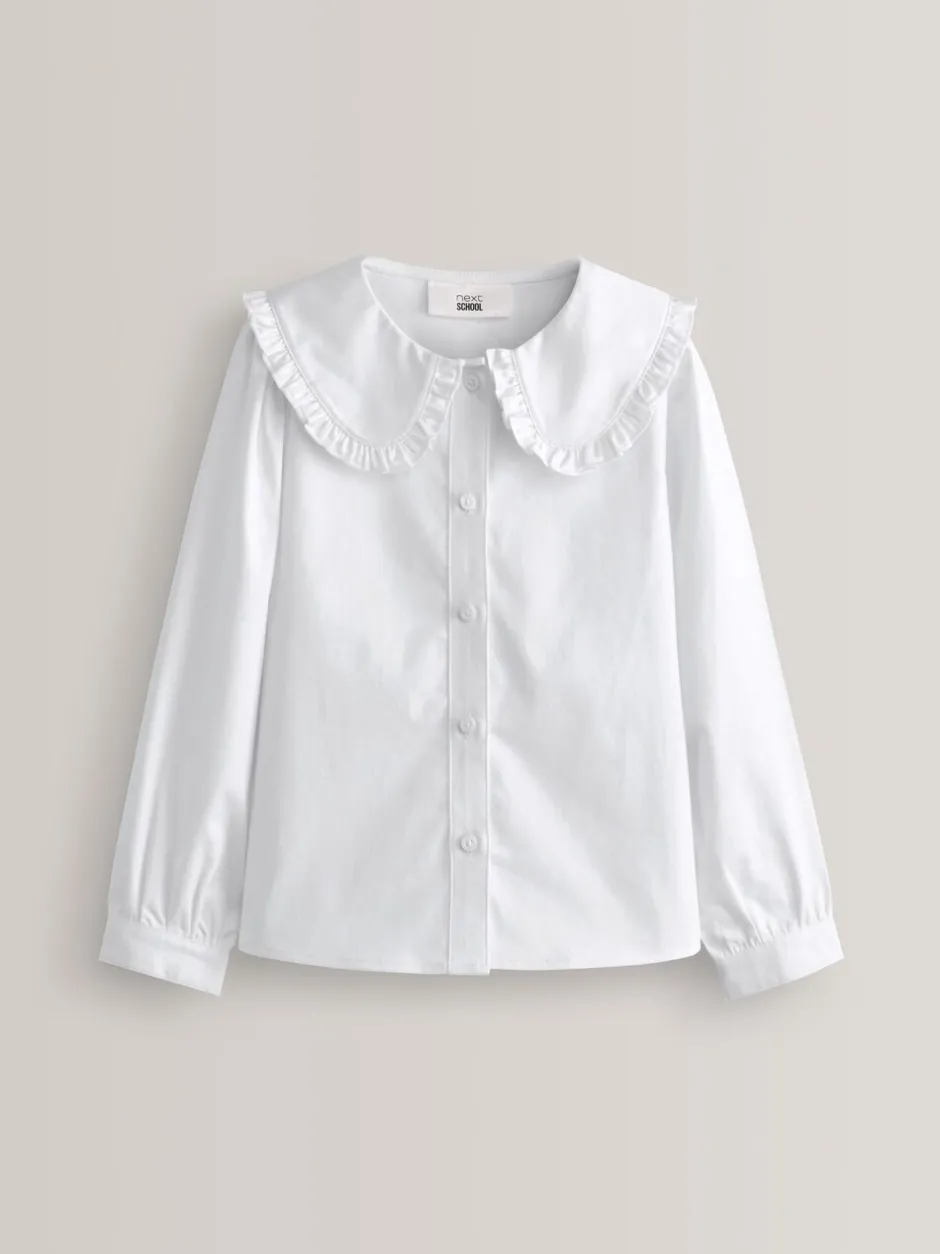 Overhemden En Blouses|Next Wit - Premium schoolblouse met stretch, kraag met ruches en lange mouwen (3-14jr)