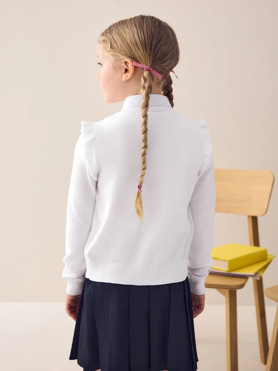 Schoolkleding|Gebreide Kleding|Next Wit - Schoolvest met hoog katoengehalte en ruches op de schouders (3-16 jr)