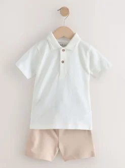 Shorts*Next Wit - Set van poloshirt met textuur en korte mouwen en shorts (3 mnd - 7 jr)
