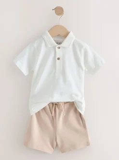 Shorts*Next Wit - Set van poloshirt met textuur en korte mouwen en shorts (3 mnd - 7 jr)