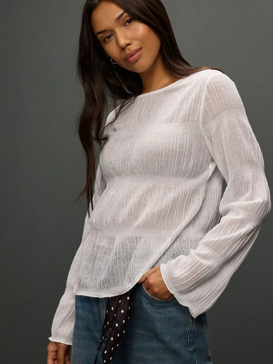 Blouses En Overhemden*Next - Shirred Long Sleeve Crew Neck Top Wit