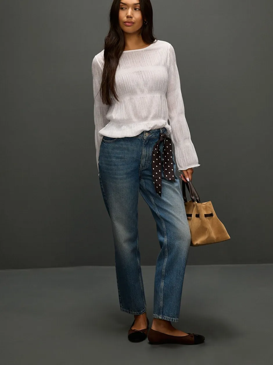 Blouses En Overhemden*Next - Shirred Long Sleeve Crew Neck Top Wit