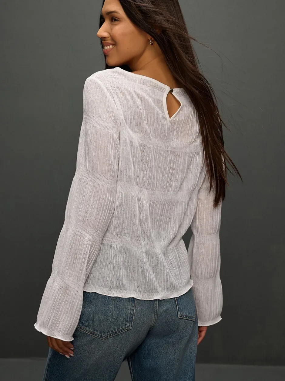 Blouses En Overhemden*Next - Shirred Long Sleeve Crew Neck Top Wit