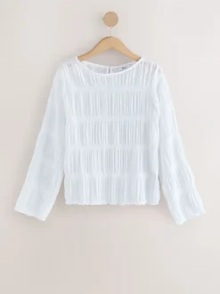 Blouses En Overhemden*Next - Shirred Long Sleeve Crew Neck Top Wit