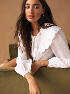 Blouses En Overhemden|Next Wit - Statement Collar Broderie Long Sleeve Blouse