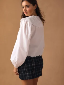 Blouses En Overhemden|Next Wit - Statement Collar Broderie Long Sleeve Blouse