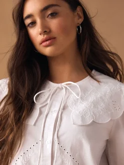 Blouses En Overhemden|Next Wit - Statement Collar Broderie Long Sleeve Blouse