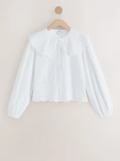 Blouses En Overhemden|Next Wit - Statement Collar Broderie Long Sleeve Blouse