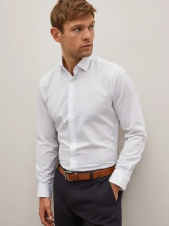 Formele Overhemden*Next Wit - Strakke Pasvorm - Onderhoudsvriendelijk, getextureerd, slim fit overhemd met enkele manchet