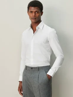 Shirts|Next Wit - Strakke Pasvorm - Textured Long Sleeve Formal Shirt with Trim