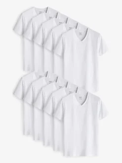 Ondergoed|Ondergoed|Next Wit - Verpakking van 10 slim-fit 100% katoenen T-shirts met V-hals en laagjes