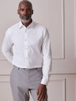 Formele Overhemden|Next - Slim Fit - Signature Textured Long Sleeve Shirt Wit met afwerking