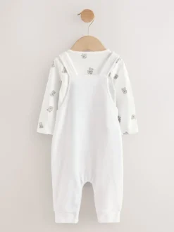 Tuinbroeken*Next Wit met berenprint - Velours babyset met bretelbroek en rompertje (0-12mnd)