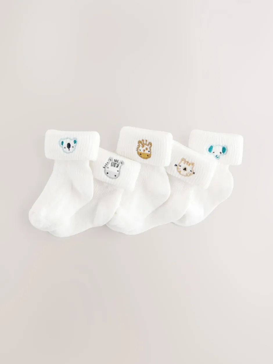 Sokken En Panty's|Sokken|Next - Set van 5 geborduurde sokken met omslag (0mnd-2jr) Wit met figuurprint