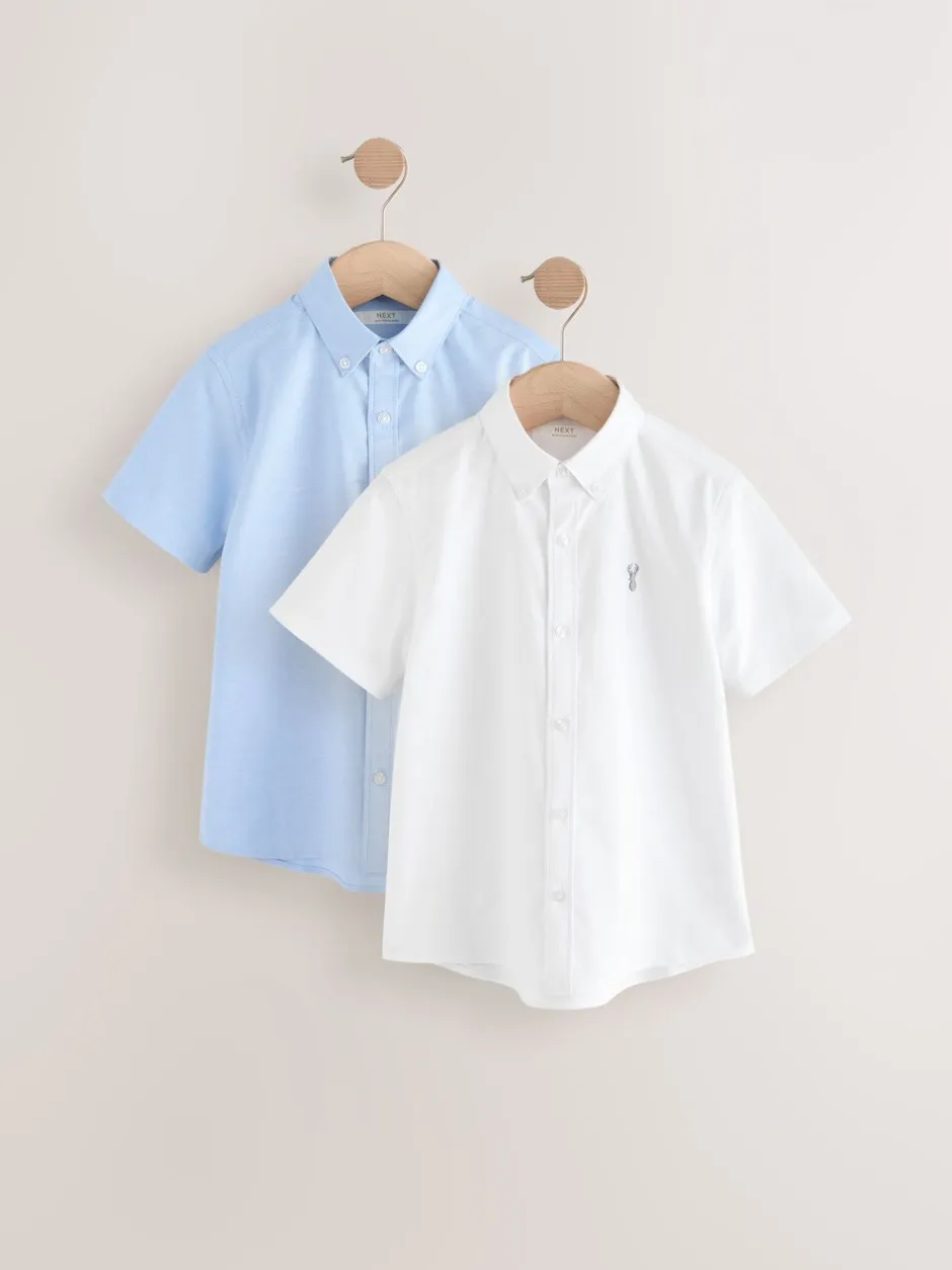 Shirts*Next Wit/blauw - Korte mouwen Oxford overhemden met hoog katoengehalte, 2 stuks verpakking (3-16jr)