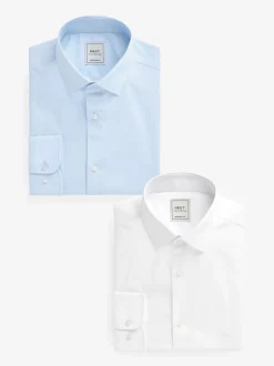 Formele Overhemden|Shirts|Next - Normale Pasvorm - Onderhoudsvriendelijke nette overhemden met lange mouwen met enkele manchetten, verpakking van 2 Wit/blauw