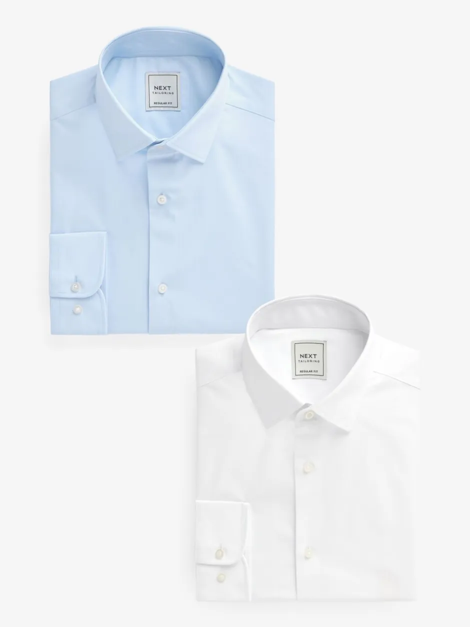 Formele Overhemden|Shirts|Next - Normale Pasvorm - Onderhoudsvriendelijke nette overhemden met lange mouwen met enkele manchetten, verpakking van 2 Wit/blauw