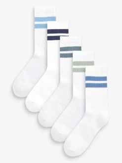 Sokken|Next Wit/blauw - Set van 5 paar geribbelde sokken met verzacht voetbed, katoengehalte en gekleurde boorden