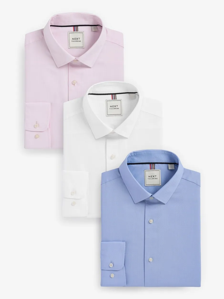 Shirts*Next - Slim Fit Easy Care Textured Single Cuff Smart Shirts 3 Pack Wit/blauw
