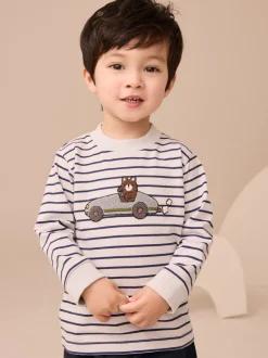 T-Shirts|Tops|Next Wit/blauw gestreepte berenauto - T-shirt met applicatie en lange mouwen (3 mnd-7 jr)