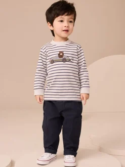 T-Shirts|Tops|Next Wit/blauw gestreepte berenauto - T-shirt met applicatie en lange mouwen (3 mnd-7 jr)