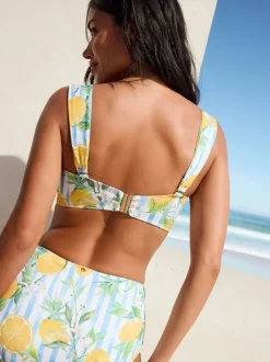 Badkleding*Next Wit/Blauw Piqué Strepen Citroenprint - Bandeaubikinitop met beugel