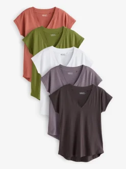 Tops En T-Shirts|Next Wit/grijs/khaki/roest/bruin - Set van 5 T-shirts met V-hals en kapmouwen van 100% katoen