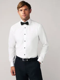 Formele Overhemden|Shirts*Next - Slim Fit - Set van overhemd met enkele manchet en een vlinderstrik Witte structuur/zwarte vlinderdas