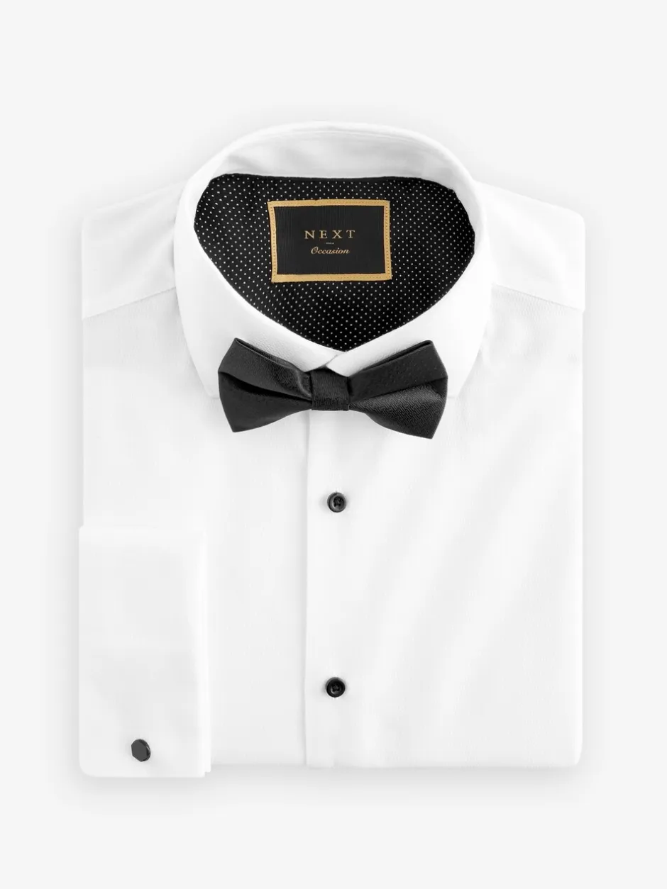 Formele Overhemden|Shirts*Next - Slim Fit - Set van overhemd met enkele manchet en een vlinderstrik Witte structuur/zwarte vlinderdas