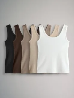 Tops En T-Shirts|Sportkleding*The Set - van 5 geribbelde ronde hals hemdjes Wit/Zwart/Bruin/Taupebruin/Naturel