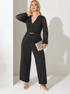 Jumpsuits En Playsuits*Yours Curve London Mesh Sleeve Buckle Jumpsuit