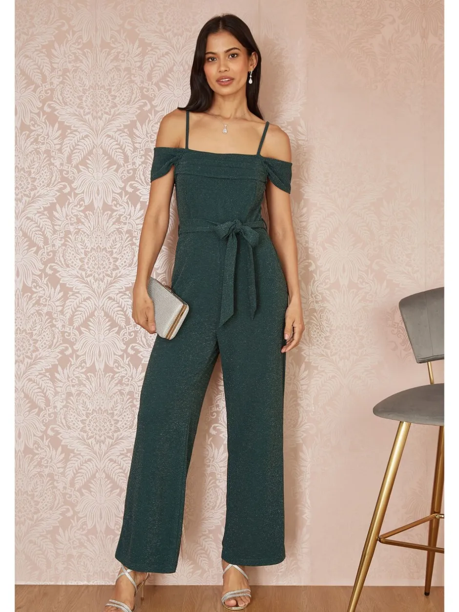 Jumpsuits En Playsuits*Yumi stretchy Bardot-jumpsuit met glitters