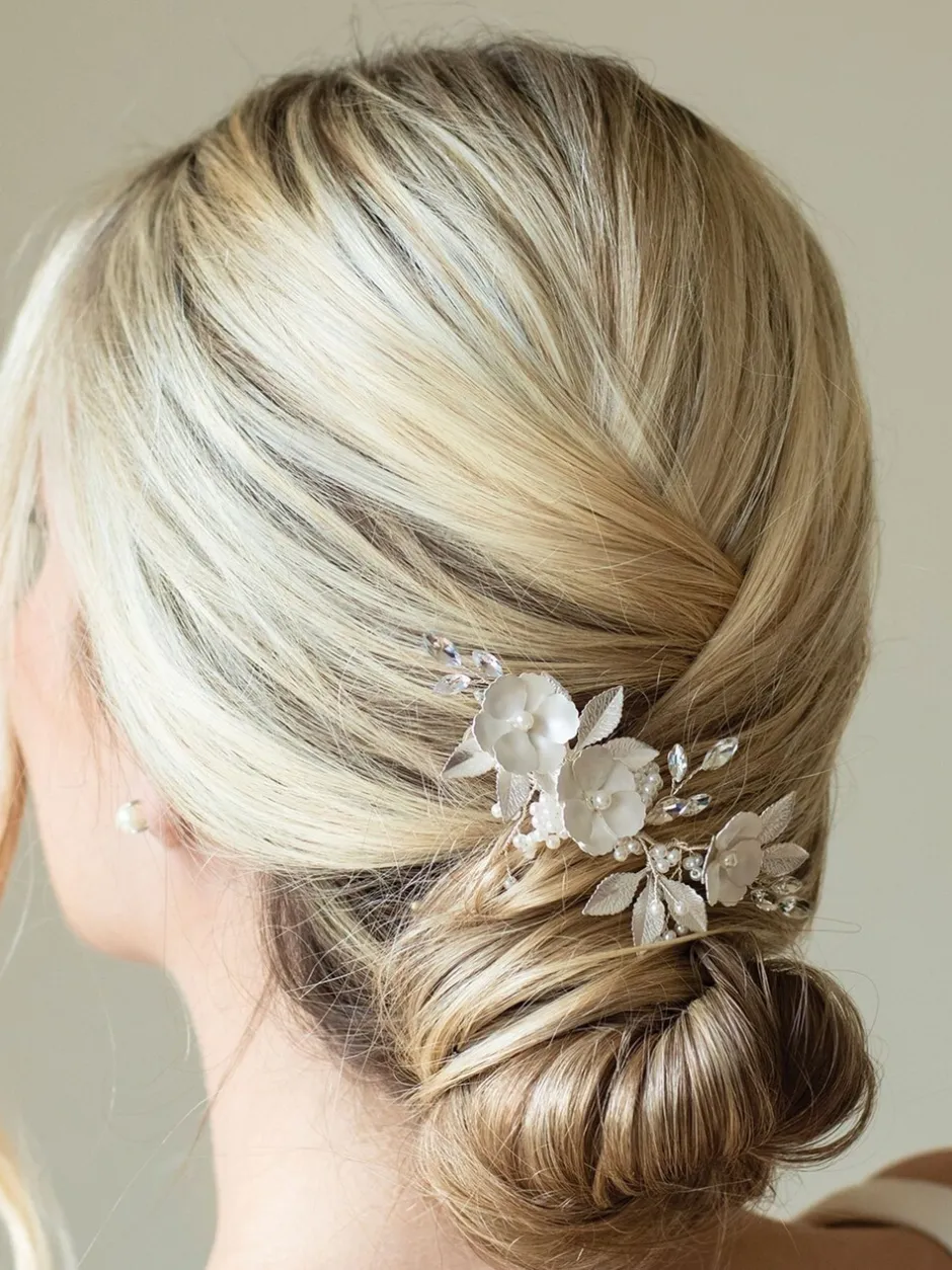 Haaraccessoires*Ivory & Co - - Gardenia klem met kristallen, parels en geëmailleerde bloem Zilver