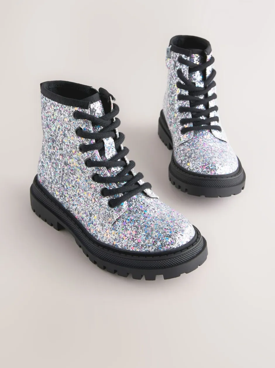Boots|Next Zilverglitter - Warmgevoerde enkellaarzen met veters