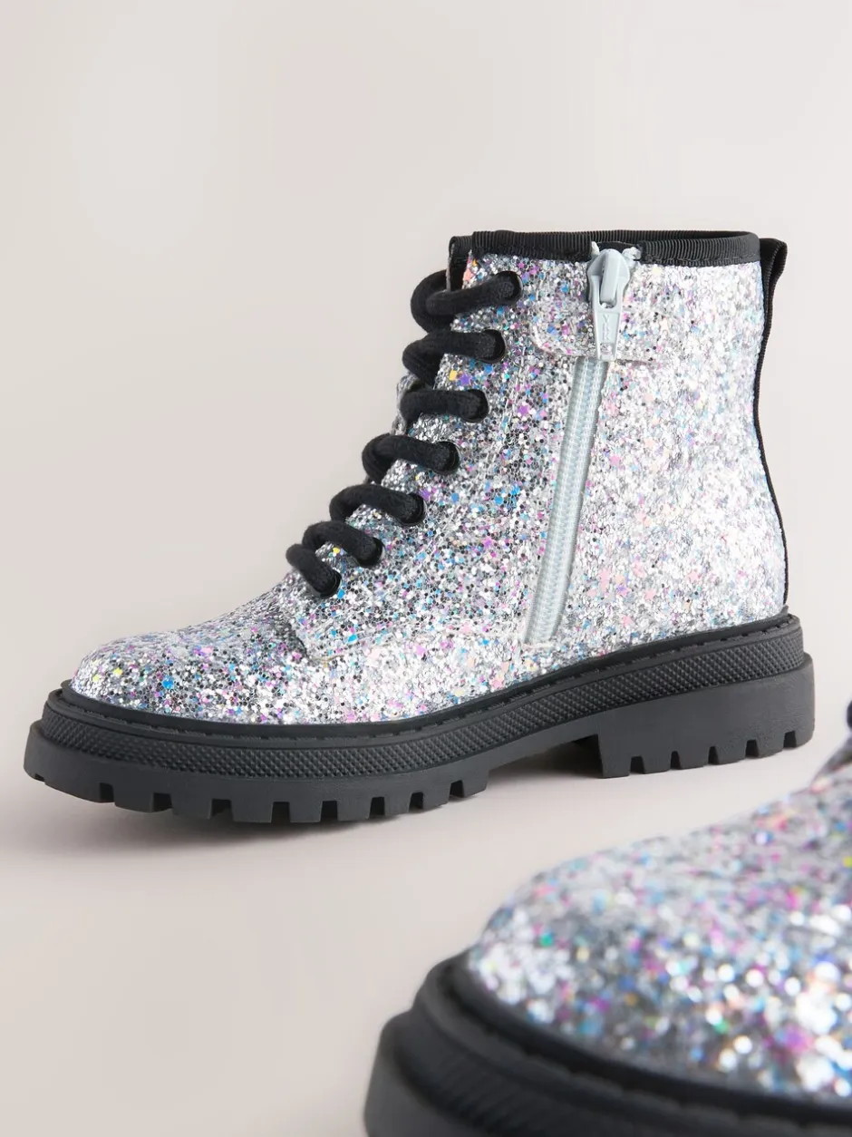 Boots|Next Zilverglitter - Warmgevoerde enkellaarzen met veters