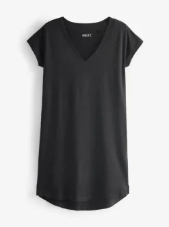 Jurken|Next - 100% katoenen mini-jurk met V-hals en kapmouwtjes Zwart