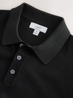 Gebreide Kleding|Poloshirts*Next - Aansluitend - Gebreid poloshirt met hoog katoengehalte en korte mouwen Zwart