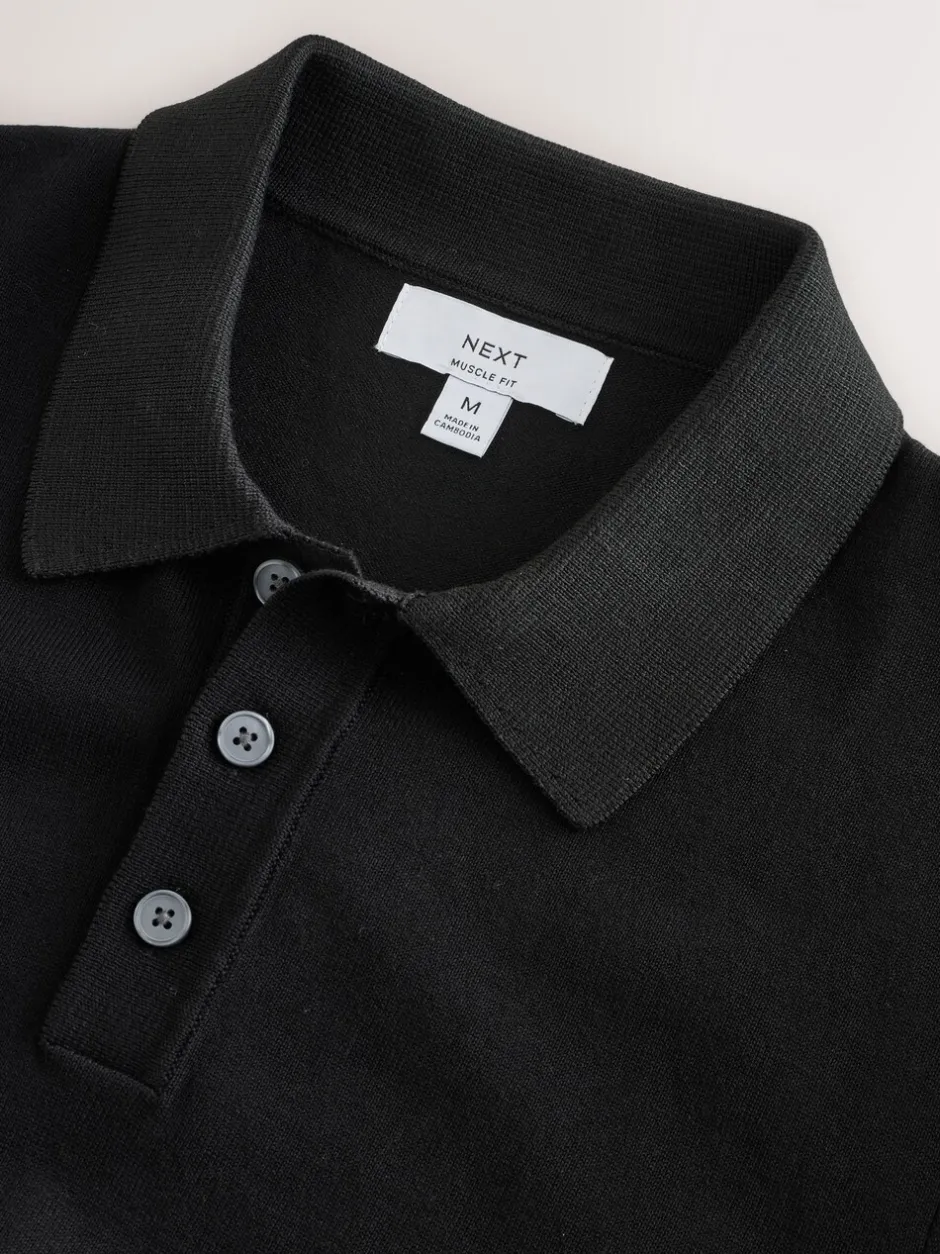 Gebreide Kleding|Poloshirts*Next - Aansluitend - Gebreid poloshirt met hoog katoengehalte en korte mouwen Zwart