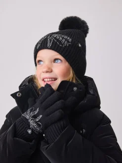 Mutsen, Handschoenen En Sjaals*Baker by Ted Baker - - Set van gebreide muts met strik, pompon en handschoenen met siersteentjes voor meisjes Zwart