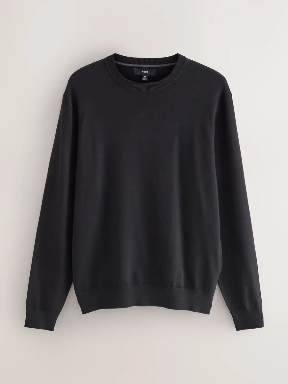 Gebreide Kleding|Next - Effen - Regular Fit Cotton Rich Crew Neck Jumper Zwart