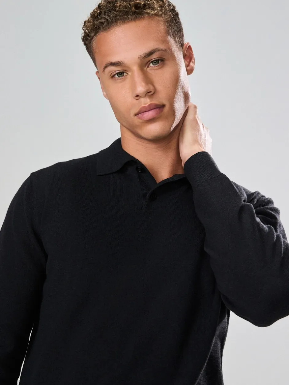 Gebreide Kleding|Poloshirts*Next - Effen - Regular Fit Essential Long Sleeve Knitted Polo Shirt Zwart