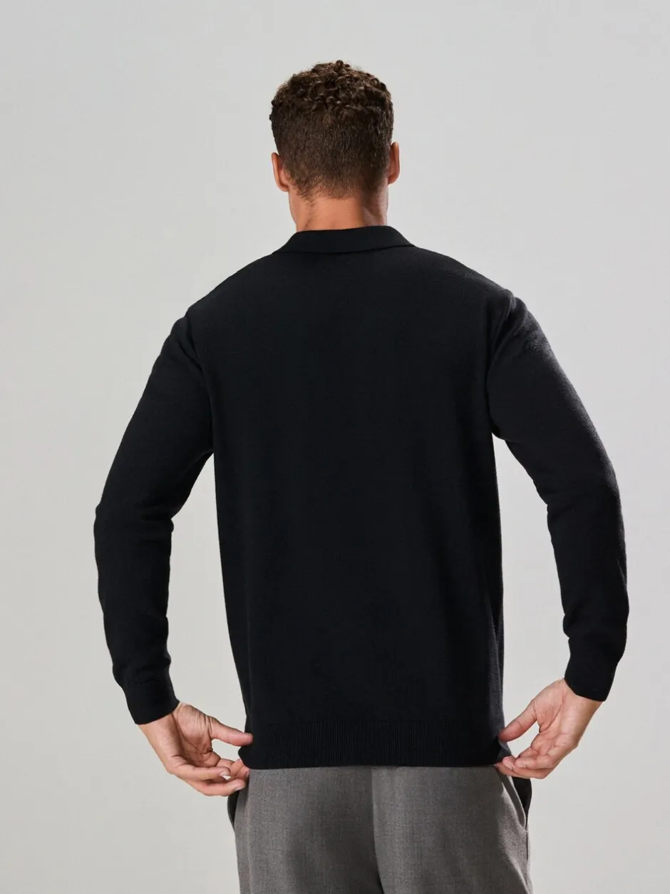 Gebreide Kleding|Poloshirts*Next - Effen - Regular Fit Essential Long Sleeve Knitted Polo Shirt Zwart