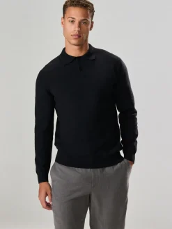 Gebreide Kleding|Poloshirts*Next - Effen - Regular Fit Essential Long Sleeve Knitted Polo Shirt Zwart