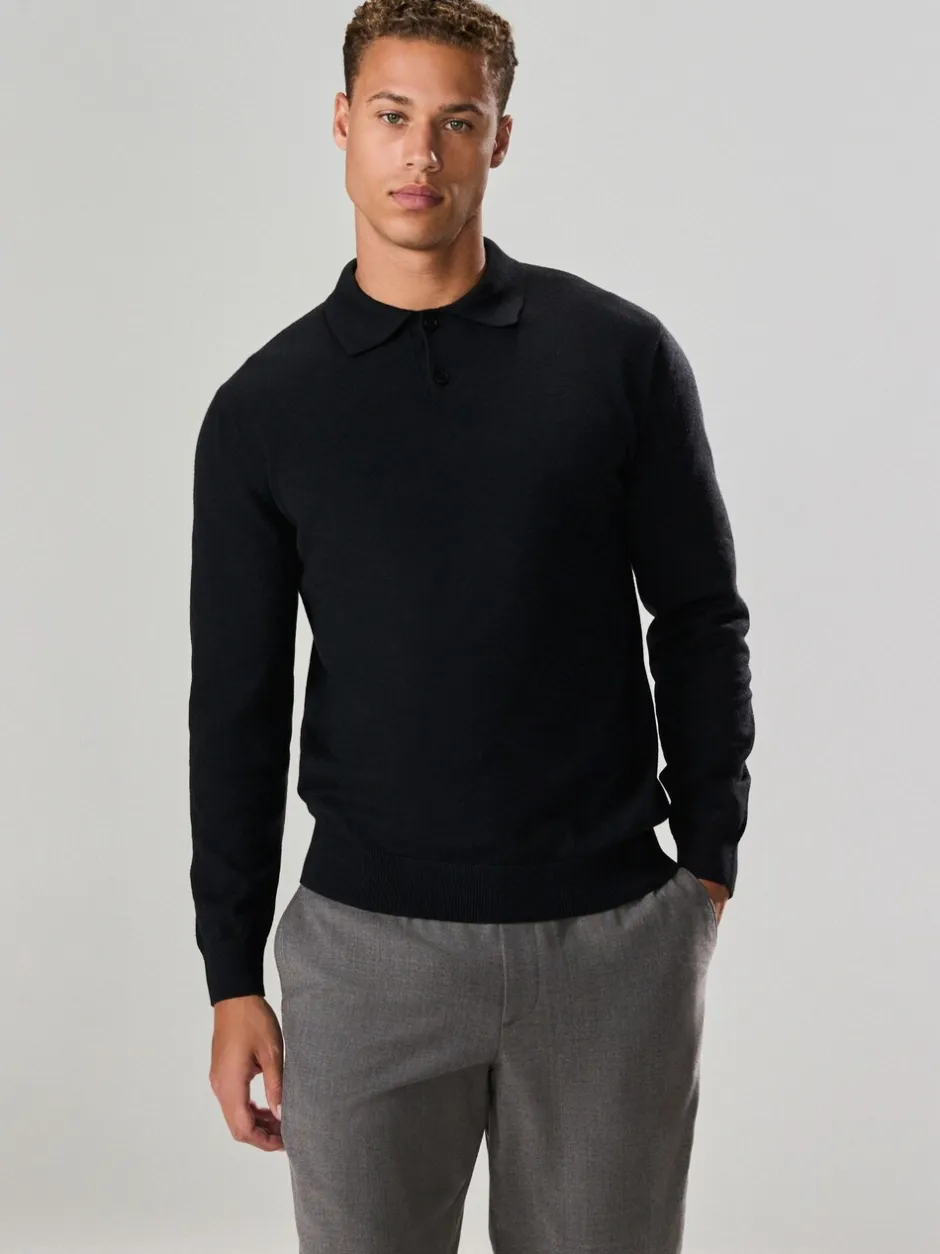 Gebreide Kleding|Poloshirts*Next - Effen - Regular Fit Essential Long Sleeve Knitted Polo Shirt Zwart