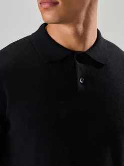 Gebreide Kleding|Poloshirts*Next - Effen - Regular Fit Essential Long Sleeve Knitted Polo Shirt Zwart